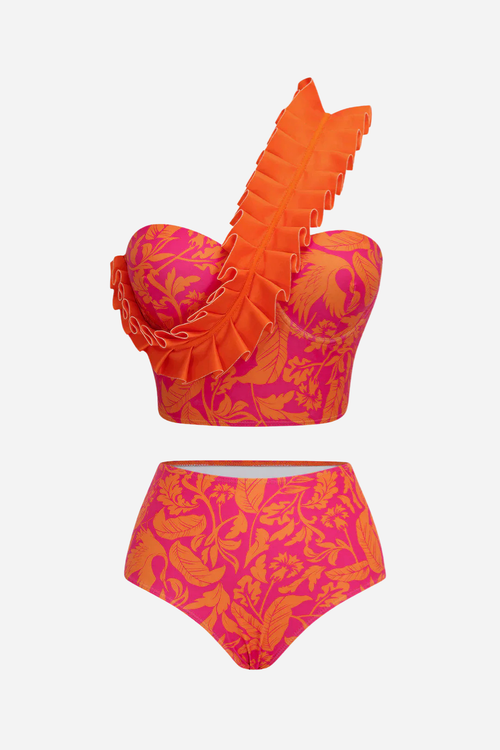 Fırfır Detaylı Turuncu Desenli Bikini
