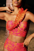 Fırfır Detaylı Turuncu Desenli Bikini